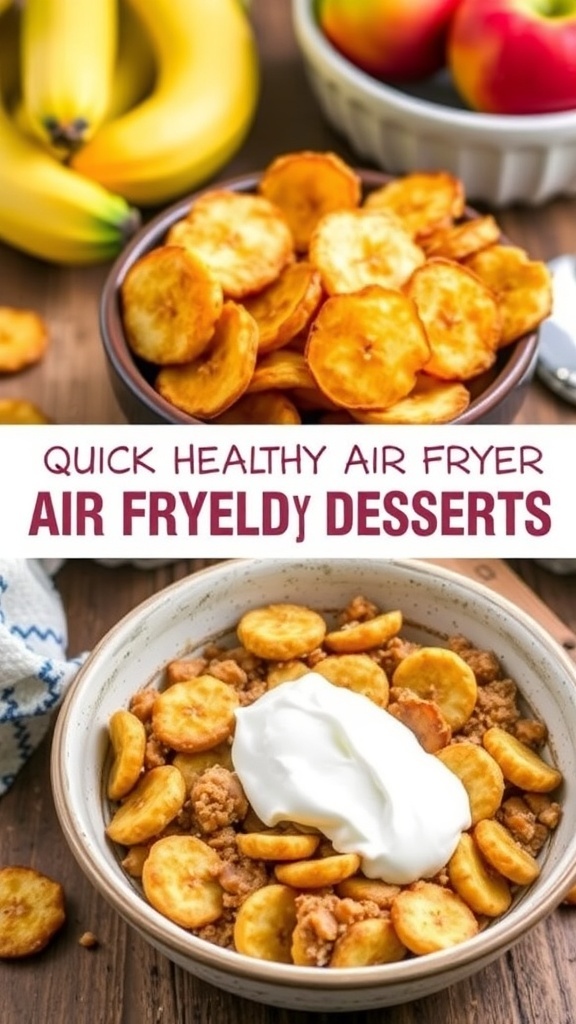 A bowl of crispy banana chips and a warm apple crisp dessert with yogurt in a rustic kitchen.